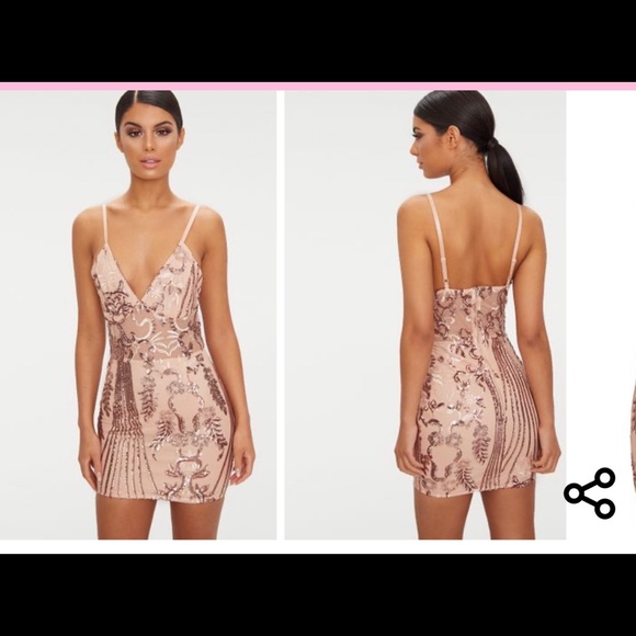 rose gold sheer strappy panel sequin bodycon dress